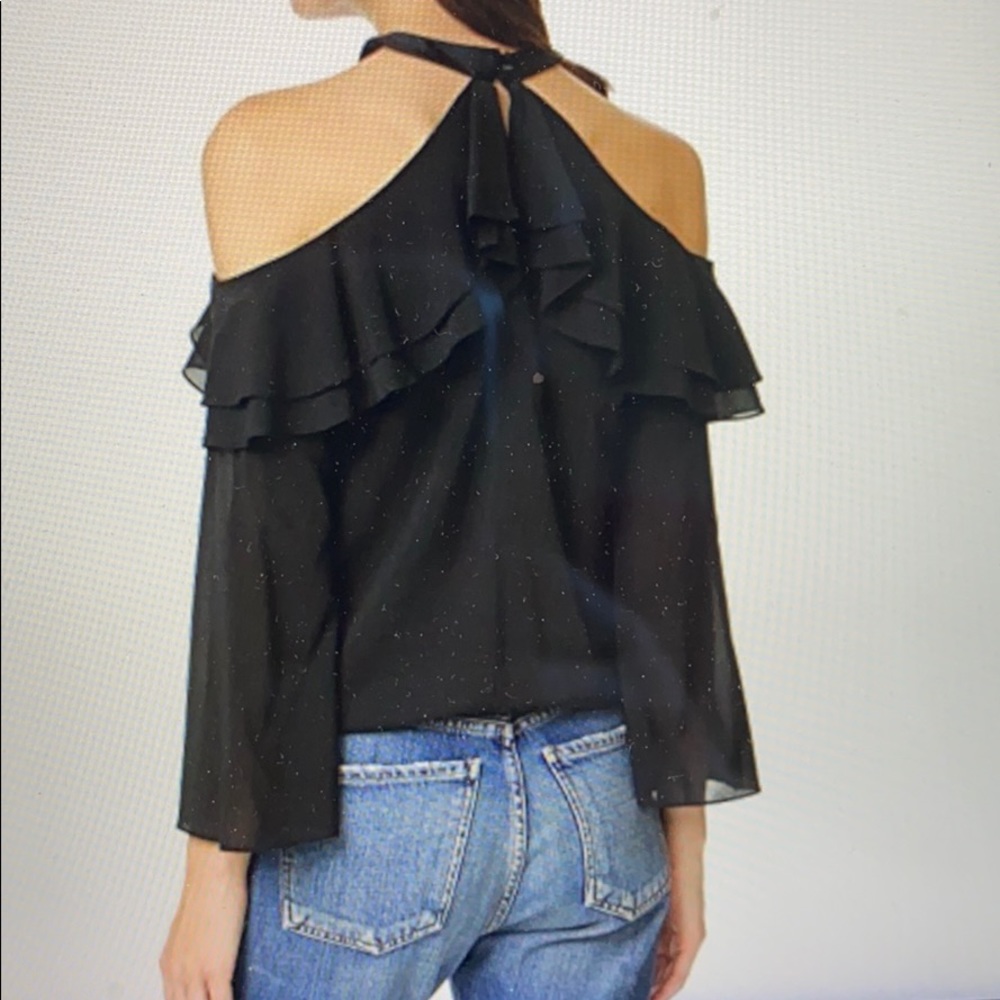Alice + Olivia Black Off-Shoulder Ruffle Halter Blouse - Picture 2 of 7